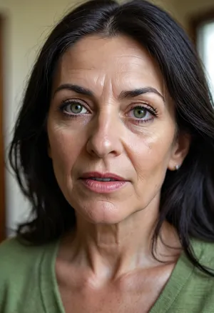 Photo of a pretty woman with beautiful eyes, ((Nikon Z8)), realistic matte skin, wrinkles, skin texture visible, (sharp focus), (high quality), (face visible), ((Detailed Face and Eyes)), ((Armenian woman)), ((full-frame photo)), lustful eyes, (long jet black hair), (highly detailed hair), (realistic), soft focus, analog look, insanely detailed, highest quality, green eyes, looking at viewer, (mouth open), (realistic:1.3), (shadows:.9), film camera, analog, photo, film grain, realistic face, perfect face, Photo of a 65 year old mature woman, <lora:chest_adjust:.7>, <lora:add-detail-xl:.8>, <lora:DetailedEyes_V3:.5>