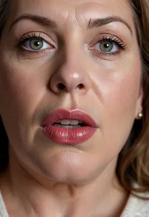 Photo of a pretty obese woman with beautiful eyes, ((Nikon Z8)), realistic matte skin, wrinkles, skin texture visible, (sharp focus), (high quality), (face visible), ((Detailed Face and Eyes)), ((Armenian woman)), ((full-frame photo)), lustful eyes, (long light brown hair), (highly detailed hair), (realistic), soft focus, analog look, insanely detailed, highest quality, green eyes, looking at viewer, (mouth open:1.3), (realistic:1.3), (shadows:.9), film camera, analog, photo, film grain, realistic face, full lips, perfect chubby face, Photo of a 65 year old mature woman, <lora:chest_adjust:.7>, <lora:add-detail-xl:.8>, <lora:DetailedEyes_V3:.5>, kissing, cum on lips, lipstick