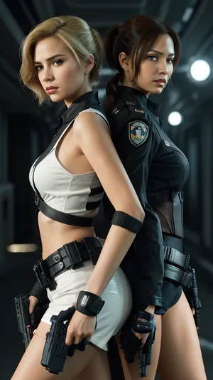 2girls, realistic style, ultra-high resolution BREAK Agent Blake, short blonde hair, finger gun gesture upward, confident, cinematic lighting BREAK Agent Reyes, brunette ponytail, finger gun gesture outward, focused, moody atmosphere BREAK Two women standing back to back in a tense cinematic pose, high contrast shadows, rim lighting, shallow depth of field, spy thriller aesthetic