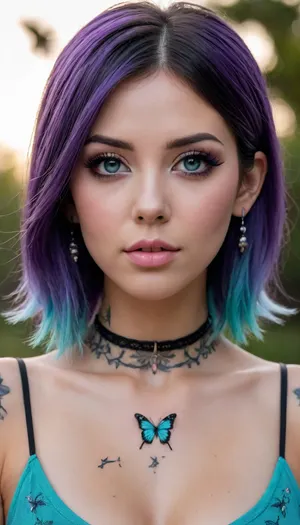 Detailed, sharp image, beautiful eyes, intrecate details, highres, masterpiece, best quality, newest, absurdres, japanese, grey strand, black hair, tattoos, neck tattoo, choker, blush, multicolored hair, black and grey hair, purple eyes, butterfly, particles, purple, turquoise, <lora:DetailedEyes_V3:.5000000000000001>, <lora:add-detail-xl:.9000000000000001>