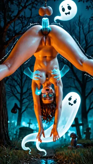 velma dinkley, eerie atmosphere, frightening cemetery, foggy, night, breasts out, skirt pulled down, multiple disembodied hands, glowing blue ghost hands, hands grabbing the woman, surprised, aroused, horny, hearts, backlit, flashlight, oiled skin, innie pussy, legs spread, dynamic view, floating, fondling breasts, groping, caressing, steamy, depth of field, natural breasts, natural ass, trembling, (disembodied ghost dick with hanging balls:1.3), disembodied ghost penis in her ass, shaved pussy, no pubic hair, ghost penis