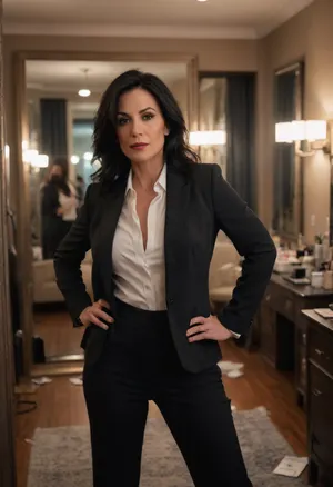 Stylish mirror selfie featuring a 45 years old woman with black hair . She’s dressed only in a suit jacket, posing effortlessly with a hand on her hip. The room has a modern aesthetic, (((various poses))), with a large mirror, scattered makeup items, and soft lighting that enhances the colors around her. influencer-inspired vibe, torn, fly, down, at, _______, <lora:tornclothesv6-8:.8>