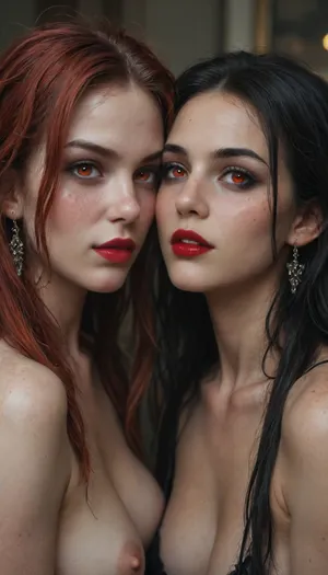 Two 18 year old vampire sisters, very long black and rainbow hair, red lipstick, freckles, black eyeliner, black eyelashes, black eyeshadow, glowing red eyes, <lora:Halloween_Series_Scary_Vampire-000009:.8>, <lora:Stunning_eyes_2:.8>, <lora:Dead_Beauty:.8>, Subspecies, style, <lora:Subspecies style:.8>