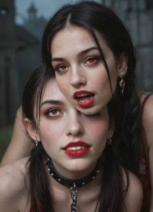(((two 18 year old vampire girls))), midevil, glowing red eyes, black eyeshadow, sad face, closed mouth, one with black hair with rainbow hair, pigtails, red lipstick, blood dripping out of the corners of the mouth, vampire, vampire teeth, K-9 fangs, in a dark graveyard, bound in chains, pale skin, pale, skin, <lora:Pale_Skin_SDXL_v1.0:.8>, Subspecies, style, <lora:Subspecies style:.8>, Perfect, Fangs, fangs, sharp, teeth, fang, <lora:Unfazed vampire - XL SDXL V1.0:.8>