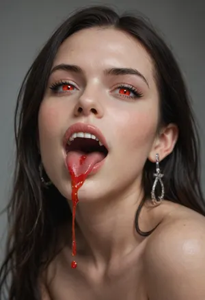 female vampire, pale pasty white skin, glowing red eyes, fangs, mouth wide open, red liquid dripping from corner of mouth, extremely pale skin, vampire fangs, upper fangs, jet black hair, showing off fangs, winking, full body pictures, small tight ass