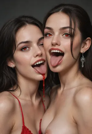 Vampire sisters, pale pasty white skin, glowing red eyes, fangs, K-9 fangs, mouth wide open, red liquid dripping from corner of mouth, extremely pale skin, vampire fangs, upper fangs, jet black hair, showing off fangs, winking, full body pictures, small tight ass