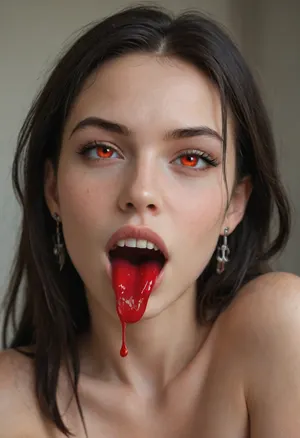 female vampire, pale pasty white skin, glowing red eyes, fangs, mouth wide open, red liquid dripping from corner of mouth, extremely pale skin, vampire fangs, upper fangs, jet black hair, showing off fangs, winking, full body pictures, small tight ass