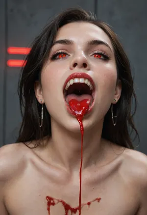 female vampire, pale pasty white skin, glowing red eyes, fangs, mouth wide open, red liquid dripping from corner of mouth, extremely pale skin, vampire fangs, upper fangs, jet black hair, showing off fangs, winking, full body