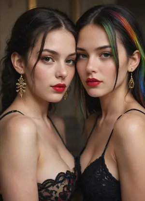 (((two 18 year old zombies girls))), one with black hair with rainbow hair, red lipstick
