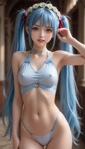 iuno, (wuthering waves), 1girl, ahoge, alternate costume, armpit crease, armpits, bare shoulders, blue eyes, blue hair, blush, clenched teeth, covered erect nipples, (cowboy shot:1), hair ornament, hand up, head wreath, long hair, looking at viewer, multicolored hair, navel, revealing clothes, solo, stomach, streaked hair, teeth, thigh gap, (twintails:1.2), very long hair