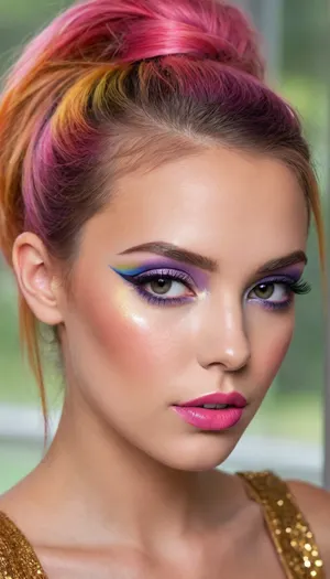 ziprealism, (smug, expressive eyes), (makeup model, extravagant makeup, glam makeup, bold makeup, glamorous esthetic, making a statement), (rainbow hair, multicolor hair, provocative hairstyle), (rainbow eyeshadow, rainbow eyeliner, vivid lipstick, heavy eyeshadow, shimmering eyeshadow, metallic eyeshadow, glittering blush:1.4), (rainbow face paint), (cheek dimples, sharp chin, chiseled cheekbones, triangular face, full lips), (hyper-feminine facial features), (medium closeup, professional lighting, award winning portrait, Dutch Angles), (sharp focus, focus on eyes, perfect eyes), vibrant colors, high saturation, catchlights, detailed eyes, (subtle freckles and skin imperfections:.4), sitting in front of window, streaming sunlight, off the shoulder, natural skin texture, soft bokeh, <lora:add-detail-xl:.8>