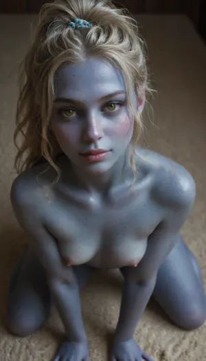 back view, masterpiece, detailed, slender 21yo very cute girl, (dark blue skin:1.5), long white hair in a scrunchie, big red irises eyes, toned, naked, toned legs, arrogant look, feminine wide square face, blue lipstick, well build gymnastic body, fitness ass, sports legs, very lots of freckles face, very lots of freckles head, very lots of freckles body, sexy, beautifull, deeply seamless tanned, thigh gaps, shaved pussy, with a perfect face, detailed face, small lips, very much blush on the checks and nose, (raised nasal tip, upturned button nose, upturned nose, delicate nose, nose), (detailed hair, light hairstyle:1.1), no makeup, horny face, very cute big smile, loving hypnotized yellow eyes, ancient greek, on all fours, spread the leg's, in very_sexual model pose, she looks at the camera lovingly, dressed only wet white cotton toga, the fabric fits tightly to the body, hard nipples are visible through the fabric, gymnastic body, hypnotized loving eyes, blush on the cheeks and nose, lots of freckles face and skin, very happy smile, thick light brown curly sport s high ponytail hair, looking at you, (freckles:1.04), toga, <lora:toga:.5>, wide shot, medieval fantasy setting, whole body in frame, long toned legs, view from above, drow, hkstyle, <lora:RPGDrowXL:.5>, <lora:339100_training_data:.8>, <lora:hkstyleV5:.3>
