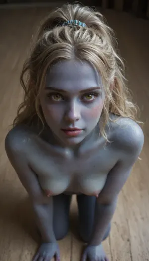 back view, masterpiece, detailed, slender 21yo very cute girl, (dark blue skin:1.5), long white hair in a scrunchie, big red irises eyes, toned, naked, toned legs, arrogant look, feminine wide square face, blue lipstick, well build gymnastic body, fitness ass, sports legs, very lots of freckles face, very lots of freckles head, very lots of freckles body, sexy, beautifull, deeply seamless tanned, thigh gaps, shaved pussy, with a perfect face, detailed face, small lips, very much blush on the checks and nose, (raised nasal tip, upturned button nose, upturned nose, delicate nose, nose), (detailed hair, light hairstyle:1.1), no makeup, oiled skin, horny face, very cute big smile, loving hypnotized yellow eyes, ancient greek, on all fours, spread the leg's, in very_sexual model pose, she looks at the camera lovingly, dressed only wet white cotton toga, the fabric fits tightly to the body, hard nipples are visible through the fabric, gymnastic body, hypnotized loving eyes, blush on the cheeks and nose, lots of freckles face and skin, very happy smile, thick light brown curly sport s high ponytail hair, looking at you, (freckles:1.04), toga, <lora:toga:.5>, wide shot, medieval fantasy setting, whole body in frame, long toned legs, view from above, drow, hkstyle, <lora:RPGDrowXL:.5>, <lora:339100_training_data:.8>, <lora:hkstyleV5:.3>