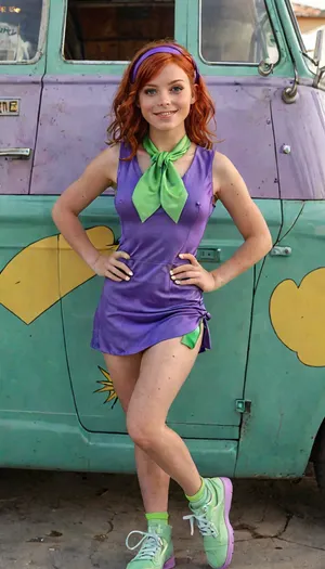 long distance view, full body view, woman, photo, from above, Daphne Blake, Daphne Blake uniform, in front of the Mystery Machine, sexy, medium natural breasts, hard nipples, slim gymnastic fit body, lots of freckles, blush on cheeks and nose, lipstick, (very happy smile:1.5), hypnotized loving eyes, red hair, loving look the eyes, (red hair), (smooth unwrinkled clothes:1), (purple hair ribbon, green neckerchief, short purple dress, purple shoes), (green eyes), photorealism, pokies, braless, Wearing, clothes, that, make, sense, with, Braless>, freckles, luisap, birth, mark, <lora:MJ52:1>, <lora:bralessSDXL_v1_00022:.8>, <lora:LPFRECKLES_lora:.3>