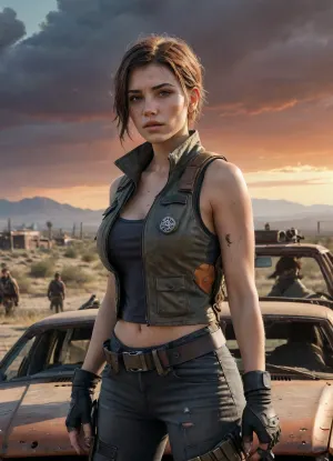 A post-apocalyptic gas station in the middle of a desolate wasteland, overgrown with weeds and covered in rust, broken pumps, shattered glass, bullet holes in walls, remnants of old cars abandoned nearby, a small group of young stalkers in their mid-20s carefully searches the area — a slender woman with sharp facial features and short hair stands alert, wearing a tight-fitting tactical vest and fingerless gloves, holding a compact rifle, next to her, a tall muscular man with a scar across his cheek inspects a wrecked car’s engine, clad in heavy armored padding, a third member of the group, a shorter man with a wiry build and a bandana covering his face, scans the horizon with binoculars from atop a ruined vehicle, they each carry different weapons and wear mismatched gear, showing distinct survival styles, several zombie-like figures in torn clothes stumble slowly in the distant background — decaying, slow-moving, but dangerous, dramatic lighting from a red-orange sunset casting long shadows, gritty atmosphere filled with dust, tension, and survival instinct, hyper-detailed textures on metal, rust, skin, and fabric, cinematic style, high detail, photorealistic rendering, 8K quality, fantasy concept art, trending on ArtStation, dark survival mood, wasteland exploration vibe, 4ng3l, face, <lora:SDXL_BetterFaces-LoRA_v1:1.4>, <lora:add-detail-xl:.8>