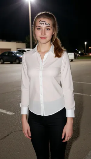 Sad, full body, Graceful, pretty, 21 year old woman, cute face, ponytail, collared white shirt, black pants, standing in a parking lot, in the light of a spotlight, on her forehead is handwritten text "cum my face".