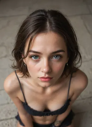 Frontal View, (high angle shot:1.4), (photographed from above:1.4), "Convert the given image into a high-resolution frontal view of a person's face, ensuring the face is centered and the eyes are looking directly at the camera. The lighting should be even and natural, highlighting the facial features clearly