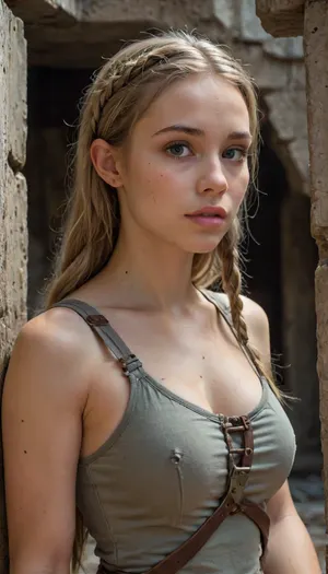 A 22-year-old elven woman with sharp, elegant elven ears and long beige hair tightly braided in a warrior’s style, stands inside a ruined underground chamber beneath a fallen castle, the space is cramped and filled with broken stonework, scattered debris, rusted tools, shattered wooden crates, and remnants of forgotten craftsmanship, she leans against a cold stone wall, her piercing eyes scanning the room with predatory curiosity, one hand gripping a short dagger, the other brushing dust off an ancient artifact half-buried in dirt, the air is thick with silence, lit only by the faint glow of bioluminescent fungi growing in the cracks, every surface tells a story — cracked masonry, faded banners, corroded metal, and cryptic symbols carved into the walls, cinematic lighting highlights her focused expression and tense posture, hyper-detailed textures, photorealistic style, 8K quality, fantasy concept art, trending on ArtStation, dark exploration mood with a sense of hidden danger, 4ng3l, face, <lora:SDXL_BetterFaces-LoRA_v1:.8>