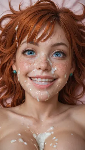 18 year old, cute petite, tiny body, redhead with bangs, messy hair, puffy wide mouth, puffy cheeks, freckles, wide blue eyes, colorful, delicate face, narrow hips, narrow shoulders, large breasts, detailed face, pale-pink bed, teasing pose, crazy smile, naked, close up, POV, sweaty face, asymmetrical eyes, asymmetrical smile, raises an eyebrow, thick layer of cum on her face, cum on her face, unrealistic amount of thick white cum across her face, thick cum on her nose, bukkake, cum, <lora:MS_Real_XL_Bukkake:2>, <lora:591413_training_data:2>