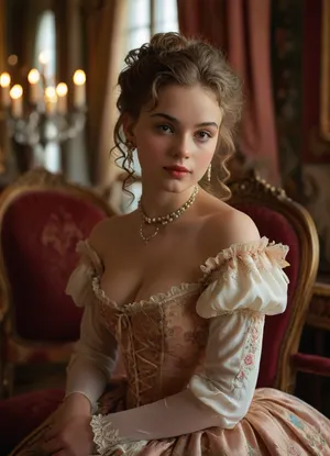 (masterpiece, best quality, ultra-detailed, photorealistic, HDR, every plane in sharp focus, all details highly defined), Eliška, graceful young Czech woman, about 18 years old, with a refined aristocratic face, very large almond-shaped hazel eyes, long curled lashes, thin arched brows, high cheekbones, straight delicate nose, rosy blush high on her cheeks, small heart-shaped lips in soft rose, serene and elegant smile, flawless porcelain skin, extremely long thick chestnut hair styled in an early 1740s rococo coiffure, medium-high powdered bouffant with soft rolls and side curls, decorated with pastel silk ribbons, pearl strings, gold and pearl hairpins, small silk roses, and several delicate ringlets framing her cheeks, pronounced hourglass figure with, (large full tight breasts:1.2), ultra-narrow conical corseted waist, (fully revealed navel and bare waist, the full upper part of her very wide hips and thighs clearly visible:1.2), wearing a true 1740s-inspired white batiste chemise blouse with gathered neckline, short ruffled sleeves, embroidered and boned stomacher, tightly laced conical rococo corset, ultra-short tartan overskirt styled as a modern mini skirt with velvet ribbon trim, sitting very low on the hips, revealing her navel, bare waist, and upper part of her wide hips and thighs, sheer nude silk over-the-knee stockings with decorative embroidered clocks, ivory Louis XV shoes with curved heels and silver buckles, triple-strand pearl necklace, ornate gold bracelet, pearl drop earrings, elegantly seated on a rococo carved velvet chair in a sumptuous Prague art café in the style of the 1740s, gilded carved wood paneling, pastel floral wall murals, tall windows with lace curtains, marble tables, crystal chandeliers, brass candelabra, fresh roses and ferns, warm sunlight, luxurious baroque and early rococo ambiance, makeup is refined and accurate, rosy blush high on the cheeks, softly powdered skin, delicately defined eyes, soft rose lips, every finger of both hands precisely rendered with five distinct non-fused fingers, all facial features, eyes, and lashes perfectly defined, <lora:MJ52:1>, <lora:SDXLHighDetail_v6-000005:.8>, <lora:Microwaist_XL_v01:.8>
