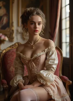 (masterpiece, best quality, ultra-detailed, photorealistic, HDR, every plane in sharp focus, all details highly defined), Eliška, exquisite young Czech woman, about 18 years old, with an aristocratic and refined face, very large almond-shaped hazel eyes, long curled lashes, finely arched brows, high cheekbones, straight delicate nose, subtle rose blush, small heart-shaped lips in soft rose, demure and elegant smile, flawless porcelain skin, extremely long thick chestnut hair styled in a towering 1770s rococo pouf updo with powdered effect, adorned with pastel silk ribbons, strings of pearls, small silk flowers, (roses, violets), gold and pearl hairpins, and a few delicate curls framing her face, striking pronounced hourglass figure with, (large full tight breasts:1.2), ultra-narrow corseted waist, (fully revealed navel and bare waist, the full upper part of her very wide hips and thighs clearly visible:1.2), wearing an authentic 1770s-inspired off-shoulder chemise blouse of fine white batiste with gathered neckline, short ruffled sleeves, and a lavishly embroidered stomacher, tightly laced conical corset, ultra-short rococo tartan mini skirt with velvet ribbon trim, sitting very low on the hips, revealing her navel, bare waist, and upper part of her wide hips and thighs, sheer nude silk over-the-knee stockings with fine decorative clocks, ivory Louis XVI lace-up shoes with small heels and gold buckles, triple-strand pearl necklace, ornate gold bracelet, pearl drop earrings, gracefully seated on an ornate velvet chair in a grand Prague art café richly decorated in late rococo and Louis XVI style, gilded carved woodwork, pale pastel walls with delicate floral murals, tall windows draped in lace, crystal chandeliers, marble tables, brass candelabra, fresh roses and violets, soft daylight, opulent aristocratic ambiance of the 1770s, makeup is light and classic, gentle rose blush high on the cheeks, delicately defined eyes, thin arched brows, soft pink lips, every finger of both hands precisely rendered with five distinct non-fused fingers, all facial features, eyes, and lashes perfectly defined, <lora:MJ52:1>, <lora:SDXLHighDetail_v6-000005:.8>, <lora:Microwaist_XL_v01:.8>