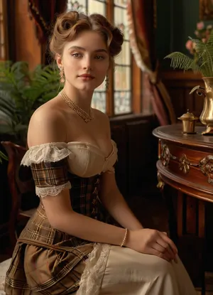 (masterpiece, best quality, ultra-detailed, photorealistic, HDR, every plane in sharp focus, all details highly defined), Eliška, elegant young Czech woman, about 18 years old, with a refined and gentle face, very large almond-shaped hazel eyes framed by delicate curled lashes and softly arched brows, straight slender nose, subtle rosy cheeks, soft heart-shaped lips with a faint rose gloss, warm and subtle smile, flawless porcelain skin, extremely long thick chestnut hair styled in elaborate Belle Époque Gibson Girl updo with soft curls pinned high and a few loose tendrils, adorned with a gold and pearl hair comb and silk floral accents, hair falling to her upper back, gracefully exaggerated hourglass figure with, (large full tight breasts:1.2), ultra-narrow corseted waist, (fully revealed navel and bare waist, the full upper part of her very wide hips and thighs clearly visible:1.2), wearing a turn-of-the-century-inspired white lace off-shoulder blouse with puffed sleeves, tight corset bodice with decorative embroidery and a deep sweetheart neckline, ultra-short vintage tartan skirt with velvet trim, sitting very low on her hips, revealing her navel, bare waist, and upper portion of her wide hips and thighs, sheer nude silk over-the-knee stockings, ivory lace-up Edwardian ankle boots, single-strand pearl necklace, delicate gold bracelet, pearl drop earrings, elegantly sitting in an antique velvet chair at a grand Prague art café filled with Art Nouveau and Belle Époque décor, stained-glass windows, ornate mirrors, marble tabletops, brass lamps, lush green ferns, pastel walls, sunlight streaming in, gentle atmosphere of the early 1900s, makeup is subtle with soft natural blush, faintly defined eyes, rosy lips, every finger of both hands precisely rendered with five distinct non-fused fingers, all facial features, eyes, and lashes perfectly defined, <lora:MJ52:1>, <lora:SDXLHighDetail_v6-000005:.8>, <lora:Microwaist_XL_v01:.8>