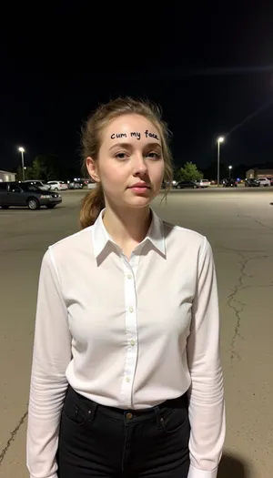 Sad, full body, Graceful, pretty, 21 year old woman, cute face, ponytail, collared white shirt, black pants, standing in a parking lot, in the light of a spotlight, on her forehead is handwritten text "cum my face".