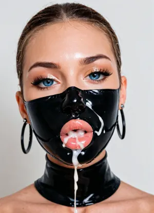An elegant latex fetish model wearing black latex fetish face hood got cum in the face, cum on latex, cum in mouth, facial, covered in cum, cum covered, huge breasts, cum on clothes, her juicy wet botoxed fake lips are squeezed tighly through the black thick latex mask, tight latex Balaclava, smooth ultra tight fitting latex, reflecting latex, Blue_eyes, long fake eylashes, forehead covered, face coverd in heavy latex, (lips are so overfull and plump they are about to burst), overflowing lips, posh plump freshly overinflated fake lips are moist and shiny, white empty background, closeup erotic art fetish photostudio photography, (volumetric lighting), (best shadows), 8K, UHD, camera focused on her, (best lighting), (best quality), best details, ultra high resolution, masterpiece, wearing, latexMask, bimbolips, latex, (bukkake), cum, on, cloth