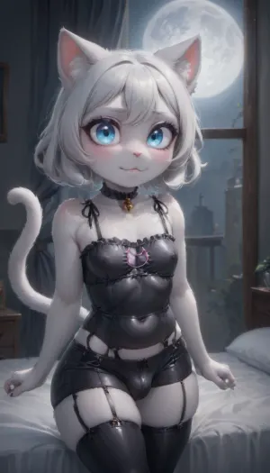 1femboy, ((furry silver point Siamese cat in latex lingerie in bedroom at night with moon in window and moonlight)), cat anthro, looking at viewer, ashamed, blushing, short soft silky fur, cats head, alone, makeup, ((very black)), horse cock, feminine, cute, curvy, thick ass, femboy dick outline bludge in pants showing, crystal blue eyes, innocent, young, seductive smile, <lora:FursuitXL:1>, <lora:Hegre-:.5>, long shimmering silver hair, Nude_woman-000001, .5>, black latex boyshorts, sex eyes, black nipples, shortstack cute, thick toned thighs, latex stockings, presenting, precum