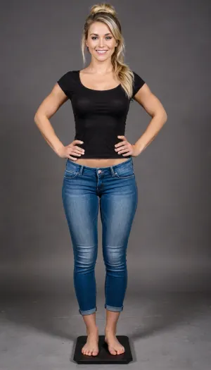 She is 45 years old female mom, wife, her height is 175cm., ((smokey blonde thick hair up fully in a messy bun)), .
long round oval face, nice closed smile, blue eyes, (small bust), Sun Tanned skin, fake tan.

Standing perfectly straight in view, facing the viewer, Female form, Palms facing the viewer, feet stood apart, arms to her side, ready to have a full body scan.
Standing on a flat plinth.
Standing on electric scales, presenting herself like a Human trophy.

Wearing tight blue jeans, loose black shirt with rolled up sleeves, with brown white bottom loafers, Blank black background, blank backdrop.

perfect hands, perfect feet, natural looking.
3D model t-pose pose for a game character file.
Crucifix style pose.

belly bulge, (little bit of cellulite), elegant woman, mature beauty, slim figure, light tiredness, realistic aging., (medium to full figure:1), (natural soft belly:1.1), (curvy body:1.2), (soft figure:1.2), real.

round wide hips, thin waist, thin thighs, slim legs, Full body, Realistic body detail and textures. Staring directly at the viewer, eye contact.
very, flash.
astonrichardsxl.