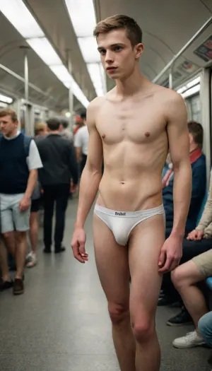 A young man, 18 years old, slim, hairless, shaved in the genital area, dressed in skin-tight white briefs, stands helplessly in the Berlin S-Bahn. He can only be seen from the and is being watched by the other passengers, which makes the young man nervous.