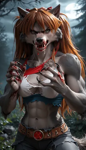 ((((Asuka Langley)))), solo, ((long claws)), no tail, ((athletic)), (((furry angry bad dark grey Werewolf skin:2))), (((torn dancer outfit))), big breasts, (((blood on the hands and blood dripping from the mouth))), outdoor night, score_9, score_8_up, score_7_up