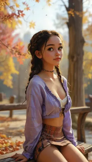 masterpiece, best quality, 1girl, katara, small tits, dark skin, dark skinned Islander, (dark skin:1), braid, jewelry, looking at viewer, candid fall photoshoot, purple plaid shirt, midriff, cleavage, short skirt, thigh socks, outside, Earth Kingdom, autumn, fall leaves, autumn colors, joyful, smiling, (blue eyes:.9), facing viewer, golden hour, sits on a bench, score_9, score_8_up, score_7_up, score_6_up, breasts, cutout, clothing, nipples, <lora:samdoesarts1.1-000030:.3>, <lora:2BoutOvalSDXL2-000002:.3>, <lora:Midjourney Image Enhancer XL v1:.8>, <lora:MJ52:.8>
