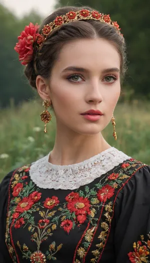 (photorealistic:1.2), (ultra-detailed:1.1), (highly expressive:1.1), (close-up portrait), a captivating young woman, (dark brown hair:1.1), in an elaborate updo with a, (braided bun:1.05), (intricate floral hairband:1.2), of red, yellow, and green embroidered flowers, light brown bangs, (striking green eyes:1.1), (subtle freckles:.8), (natural makeup:1), (delicate pink lips:1), wearing a, (traditional Ukrainian dress:1.3), or, (Vyshyvanka style:1.2), with a, (black bodice:1.1), (puffy sleeves:1), (white embroidered collar:1.2), featuring red and yellow floral patterns and green vines, (delicate white lace trim:1.1), along the neckline and cuffs, (gold filigree dangling earrings:1.1), soft diffused lighting, natural light, warm tones.