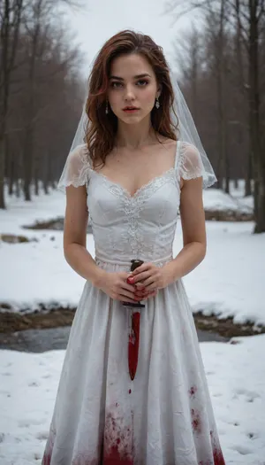 the bride in a snow-white dress, (stained with red blood:1.5), with a knife in her hands, <lora:add-detail-xl:.8>