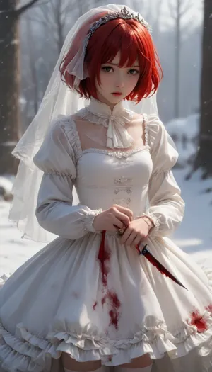 the bride in a snow-white dress, (stained with red blood:1.5), with a knife in her hands, white, thighhighs, (short, hair:1.7), hair, on, one, eye, frills, puff, sleeves, (white, bridal, dress, veil:1.5), <lora:add-detail-xl:.8>, <lora:Nier_Automata_2B_White_Wedding_Dress_Bride_Cosplay_Realistic_LoRA:.8>