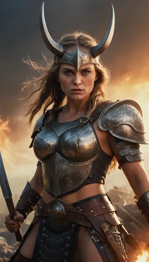 A furious Valkyrie in Valhalla, battle-axe, armor, Style, Digital Painting., <lora:xl_more_art-full_v1:.8>, Photography, stvmccrr, style, <lora:stvmccrr:.8>
