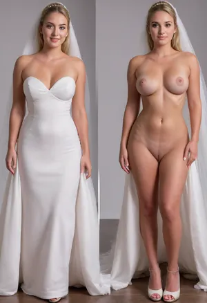 8K professional high-resolution photo, ultra-detailed, best quality, (photo-realistic, hyper-realism:1.2), clear image, detailed face, Incredible level of detail, Masterpiece, High contrast, perfect shadows, Mid journey, Gorgeous 27-year-old woman, welcoming smile, slender, (huge, naturally sagging 34E cup breasts:1.2), (hairy pussy, hairy bush:1.2), lots of freckles, (pixie cut blonde hair), wrinkles, realistic nipples, (Realistic skin with blemishes, pores, tan lines, wrinkles, and freckles:1), (2split views, identical_person, identical_body_proportions, identical_face, identical_body, identical_pose, identical_angle, onoff:1.4), (wearing a long wedding dress with long white veil and high heels, on:1.6), (completely naked after, off:1.6), onoff, full body view, simple dark blue and gray background, <lora:OnoffXL_ExtraCrispy:.8>, <lora:SDXLHighDetail_v6-000005:.5>