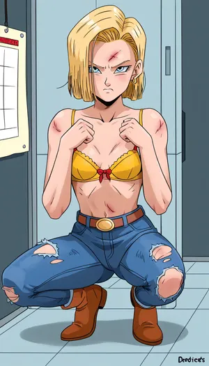 C18, squatting pose, tied, very angry and upset, naked, beautiful yellow bra, ripped black jeans, bruises, bruised body, laboratory, SamDoesArts, 3/4 body view, small round breasts, sysdeep_android18, <lora:cartoon_stickers_xl_v1:.36>, <lora:SDXLSamDoesArts:.6>, <lora:Android 18 - [Dragonball] - SDXL Version 2:.6>