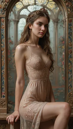 Cute girl, Rating_explicit, ultra realistic studio photo portrait of nude girl styled like a muse, (slim thighs, slim waist, gymnast body, young face), content smile, (petite girl:1.3), sitting gracefully near a decorative wall, sheer translucent gown falling off her waist, delicate jewelry and a floral crown, long flowing hair cascading down her back, elegant art nouveau backdrop with swirling golden patterns and floral motifs, soft diffused lighting, pastel color palette, ethereal mood, moody shadows, graceful pose, DSLR 8k realism, modern nude photography, (a wrought iron arch with flowing art nouveau patterns inspired by Alphonse Mucha on background:1.2), (dramatic cold light from the left side, dramatic rim light from the right side:1.4), pastel colors, floral abundance, cinematic atmosphere, professional editorial fashion photo, 8k realism, detailxl, klimt, gold, <lora:add-detail-xl:.8>, <lora:detailed_notrigger:.8>, <lora:KlimtStyle:.4>, <lora:MJ52:.8>