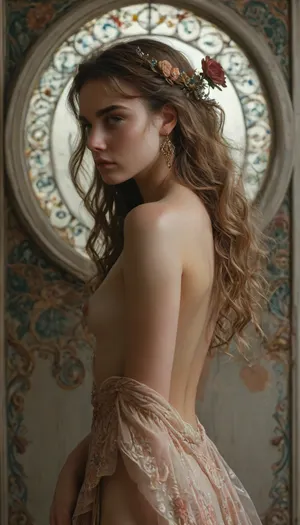 Cute girl, Rating_explicit, ultra realistic studio photo portrait of nude woman styled like a muse, (slim thighs, slim waist, gymnast body, young face), (petite girl:1), sitting gracefully near a decorative wall, sheer translucent gown falling off her waist, delicate jewelry and a floral crown, long flowing hair cascading down her back, elegant art nouveau backdrop with swirling golden patterns and floral motifs, soft diffused lighting, pastel color palette, ethereal mood, moody shadows, graceful pose, DSLR 8k realism, modern nude photography, (a wrought iron arch with flowing art nouveau patterns inspired by Alphonse Mucha on background:1.2), (dramatic cold light from the left side, dramatic rim light from the right side:1.4), pastel colors, floral abundance, cinematic atmosphere, professional editorial fashion photo, 8k realism, detailxl, klimt, gold, <lora:add-detail-xl:.8>, <lora:detailed_notrigger:.8>, <lora:KlimtStyle:.4>, <lora:MJ52:.8>