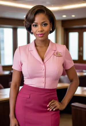 Flight attendant, ((black woman)), (buttoned pink uniform), (burgundy pencil skirt), short sleeves, brown hair in a bob cut, ((large breasts)), light pink lipstick, pearl earrings, confident pose