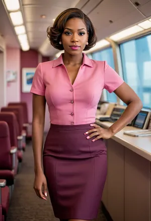 Flight attendant, ((black woman)), (buttoned pink uniform), (burgundy pencil skirt), short sleeves, brown hair in a bob cut, ((large breasts)), light pink lipstick, pearl earrings, confident pose