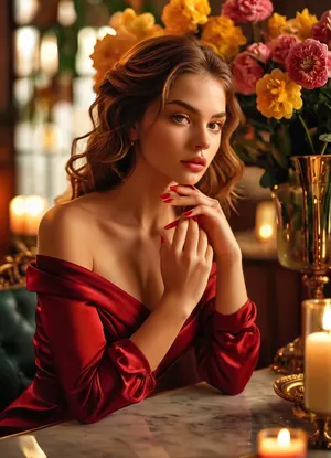 (masterpiece, best quality, ultra-detailed, photorealistic, HDR, sharp focus, elegant atmosphere), stunning young European woman, about 19 years old, flawless fair skin with a soft glow, perfectly symmetrical and delicate face, large expressive hazel eyes with long natural lashes, subtle winged eyeliner, well-shaped brows, small straight nose, pouty glossy lips, natural blush, medium-length silky dark brown hair with soft waves, parted in the middle, wearing an ultra-revealing fitted deep red designer dress with extra-long sleeves, bold modern cutout design with an extremely deep plunging neckline fully emphasizing her large, full, round and firm bare breasts, very narrow waist, sitting gracefully at a marble table in a luxurious candle-lit restaurant, holding her chin with perfectly manicured fingers, elegant pink nails, glass of red wine in the foreground, lush yellow flowers and modern dark sculpture in the background, soft golden lighting, high-class evening, confident and sensual expression, every detail precisely rendered, no hand or face defects, five distinct fingers on each hand, <lora:MJ52:1>, <lora:SDXLHighDetail_v6-000005:.8>, <lora:Microwaist_XL_v01:.8>