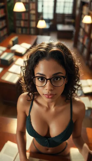 Photorealistic, POV, view from above, sexy Brazilian librarian, afrolatina, Hispanic, cleavage, blushing, <lora:MJ52:.8>