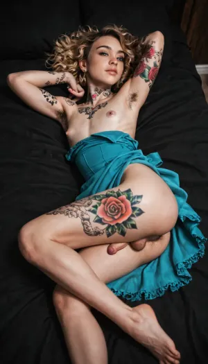"Beautiful, (shemale), and her small 10 cm penis flac, a direct view, (lying on her back), (legs together), (dress:1.1), with a beautiful face, with a sensual face, delicate little feet, small saggy breasts, (extensive_hairy:1.3), hairy_armpits, (tattooed:1.5), short and straight blond hair", (Femboy), (small dick), (transsexual prostitute), (Big ass), (small penis), (visible ass)
