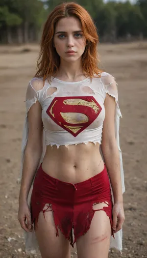 8k, best quality, real picture, intricate details, ultra-detailed, ultra highres, depth field, (photorealistic), (red skirt), (realistic:1.2), masterpiece, photo of european girl, supergirl, (bruise, dirty, torn clothes, revealing clothes, blood:1.3), blue eyes, ginger hair, hair, (ripped cape), ripped pantyhose, superhero, solo, sun, blue sky, cut on cheek, midriff, realistic, photorealistic, (intricate details:1.2), (delicate detailed), (cinematic light), clear line, sharp focus, realistic face, detailed face, unity 8k wallpaper, ultra high res, (bruised face), (photorealistic:1.4), looking at viewer, B3y3, cuts, fullbody, on, face, back, bleeding, blood, <lora:Supergirl:1>