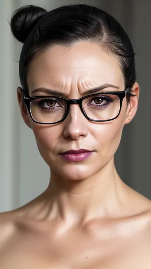 close up portrait, close up face, naked, ((((35 years old)))), Nordic sorority, British headmistress wearing full white satin bra, mature 35 years old, British headmistress, facial wrinkles, black lipstick, 35 years old Nordic woman with Victorian Edwardian shiny black hair, (((hair bun))), large breast, large tits, silicone tits, pale skin, angry attitude, arrogant attitude, dominant face, bitchy face, arrogant, ((Looks disapproving)), looking at the viewer, intense stare, look at the viewer, eye contact, looking at camera, wearing glasses, front view, close up face view, portrait view