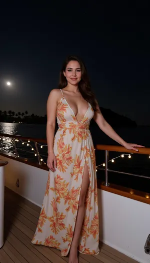 A beautiful, curvy woman with radiant skin and a graceful aura relaxes on the deck of a luxurious yacht anchored in the calm Caribbean Sea at night. She wears a flowing tropical-print maxi dress that moves gently with the warm breeze, complementing her natural curves. Her wavy hair glistens under the soft glow of moonlight and string lights draped along the yacht’s railings. In the background, distant palm-covered islands are silhouetted against a starlit sky, with the sea gently lapping against the hull. The scene is peaceful, elegant, and infused with island charm — photorealistic, cinematic Caribbean night lighting, rich detail, tranquil and glamorous vibe., perfection, style, <lora:perfection style v2d:.8>