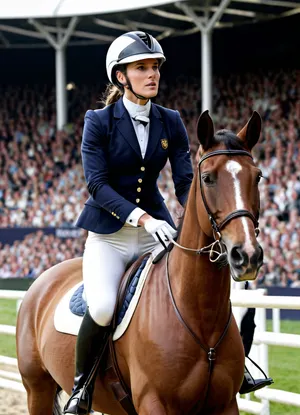 High quality image, photorealistic, super detailed, masterpiece, 8K, London show jumping competition. A Westphalian horse in a high jump over a barrier, a dark-haired rider in a helmet, her hair is tied in a ponytail with a rubber band, dark blue redingot, under the redingot the collar of a light-coloured shirt with a white tie, light-coloured breeches, black boots, against the background of the stadium, full-length photo, close-up, full-face view.
